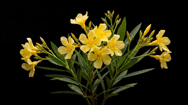 Yellow oleander flowers with water droplets on black background