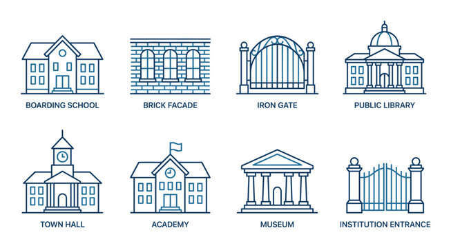 Outline icons set featuring various types of institutions like schools libraries museums and gates.