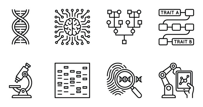 Science icons dna brain microscope genetics family tree data analysis fingerprint robot arm.
