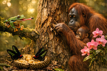 Obraz premium Jungle harmony: wildlife gathering by the forest tree