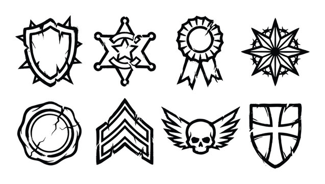 Set of grunge distressed insignias emblems badges and crests military police sheriff victor award icons.