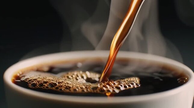 Freshly brewed dark coffee stream creating bubbles and foam in cup with warm steam rising up