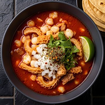 Professional Close-Up Overhead Photograph of Authentic Mexican Menudo - Traditional Tripe Soup with Hominy and Chili Base - Dark Black and Brown Matte Stone Tile Background - 8K Stock Photo