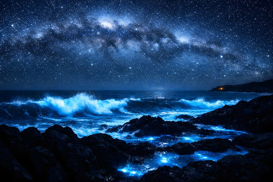 Starlit ocean waves with bioluminescent glow at night