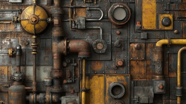 Industrial steampunk wall panel design with pipes, gears, and dials