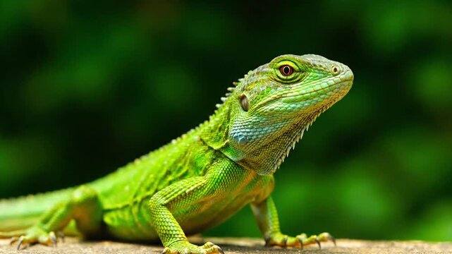 A vibrant, green lizard perches, showcasing intricate scales and a keen gaze against blurred foliage