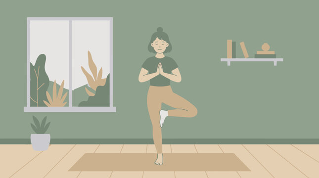 Person practicing yoga indoors in a calm home setting with a mat and plants.
