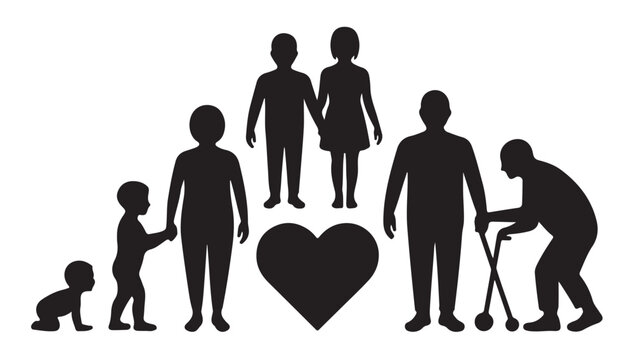 Illustration showing human aging stages from childhood to elderly years with heart symbol.
