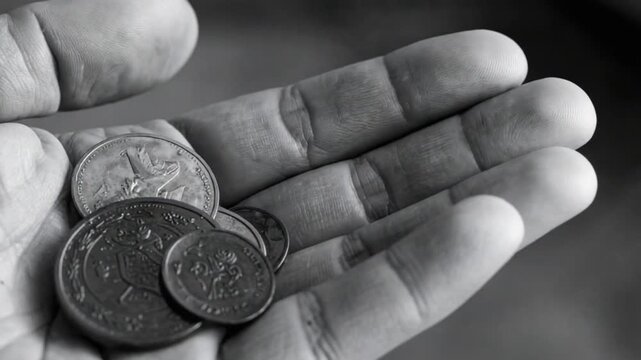 Close up of a hand holding several coins in black and white, symbolizing financial struggle.