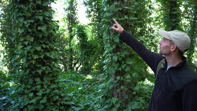 Park ranger talking and pointing in a lush green forest