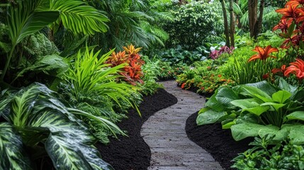 Fototapeta premium Lush tropical garden path winding through vibrant foliage