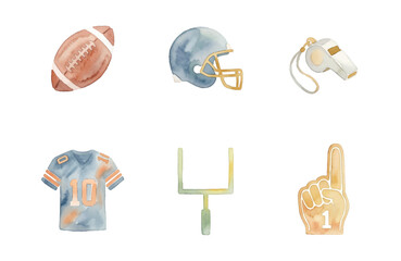 American football watercolor icons set on white background © Dwi