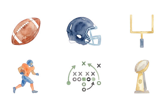 American football watercolor icons set with helmet ball goal post and player