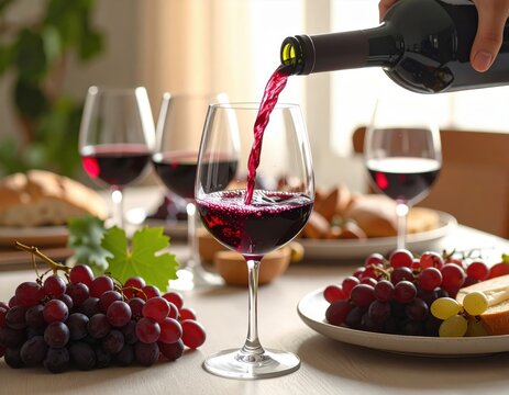 Elegant person pou red wine into a glass at a dining table with grapes and cheese, three additional glasses of wine, warm lighting, and a cozy atmosphere