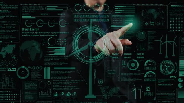 A futuristic interactive interface displaying green energy data, featuring wind turbines and analytics for renewable technologies and sustainable development efforts. Cipher