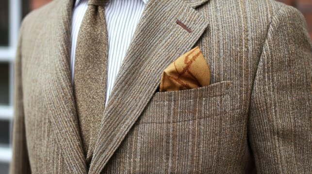 Man's tan suit pocket square, close-up, brick wall background