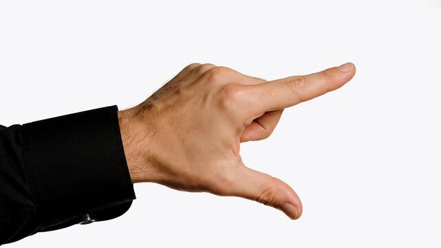 A male hand in a black shirt cuff making a gesture to indicate a small size or distance against a white background.