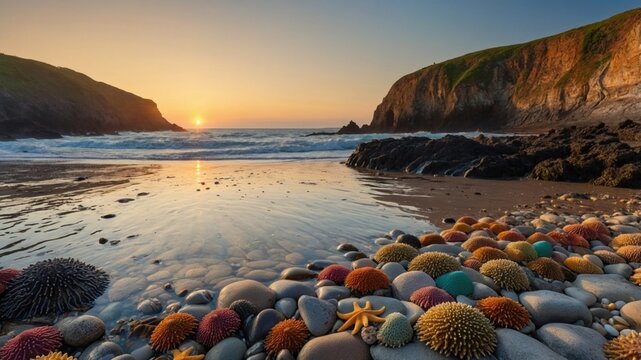Colorful starfish and sea urchins on a beach at sunset, with cliffs and ocean waves in the background