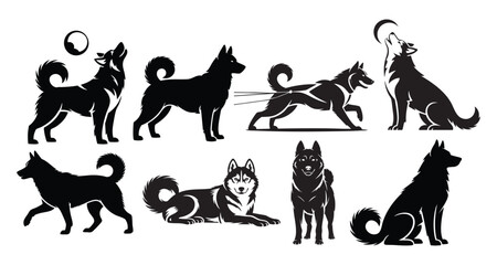 Siberian Husky Silhouette Set in Multiple Poses – Vector Dog Collection with Howling Husky © Toufik