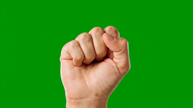 A closed fist hand gesture against a vibrant green screen background, symbolizing power, solidarity, or a protest