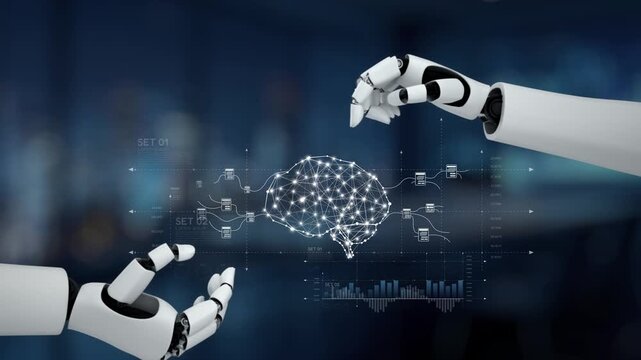 A captivating representation of artificial intelligence featuring robot hands interacting with a digital brain, showcasing advanced technology and innovation in a modern setting. Synapse