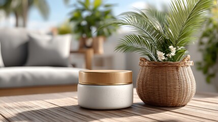 Obraz premium Cosmetic Jar with Golden Lid on a Wooden Deck with Plants