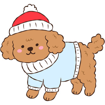 Cute Brown Poodle Puppy Wearing Winter Clothes, Adorable Dog in Sweater and Beanie Hat Illustration