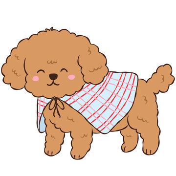 Cute Brown Poodle Puppy Wearing a Plaid Bandana, Adorable Curly Dog Fashion Illustration