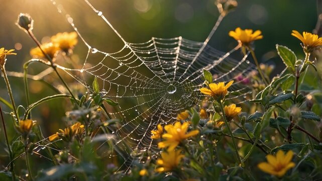 Morning dew glistens on a spider web amidst vibrant yellow flowers in a serene garden setting