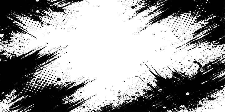 A dirty black ink splat drips across a grunge texture background with spray paint splatters and halftone brush elements in this vector art illustration design