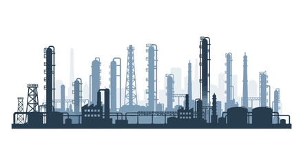 Naklejka premium Silhouette of an industrial complex featuring numerous tall towers and structures, symbolizing heavy industry and manufacturing