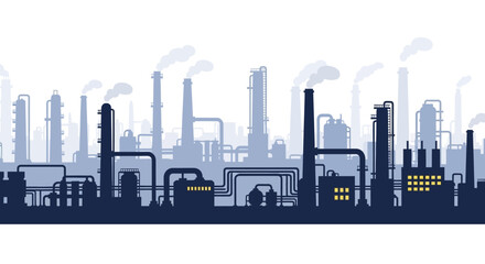 Naklejka premium Conceptual illustration of an industrial factory skyline featuring smoking chimneys, symbolizing manufacturing, energy production, and environmental considerations