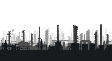 Naklejka premium Industrial complex silhouette, a vast panorama of refinery towers and pipes, depicting modern manufacturing, global energy production, and environmental considerations