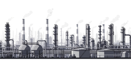 Obraz premium Industrial landscape featuring multiple factory chimneys and refineries, emitting smoke into the sky, symbolizing industrial production and energy generation