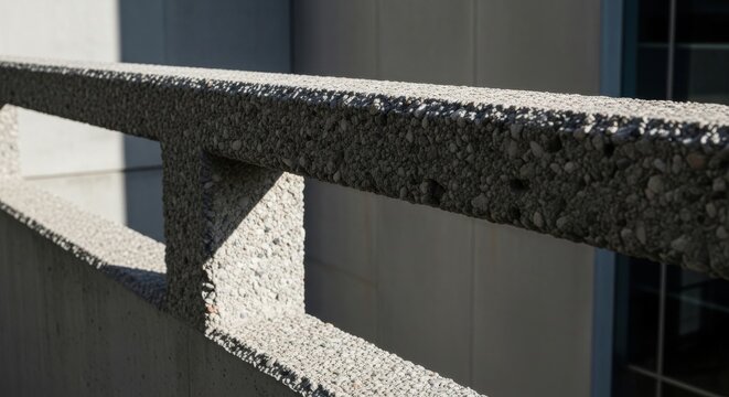 Rough concrete railing with exposed aggregate texture, showcasing modern architectural detail and urban design elements