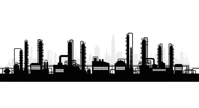 Industrial landscape silhouette depicting oil refinery or chemical plant structures under a city skyline
