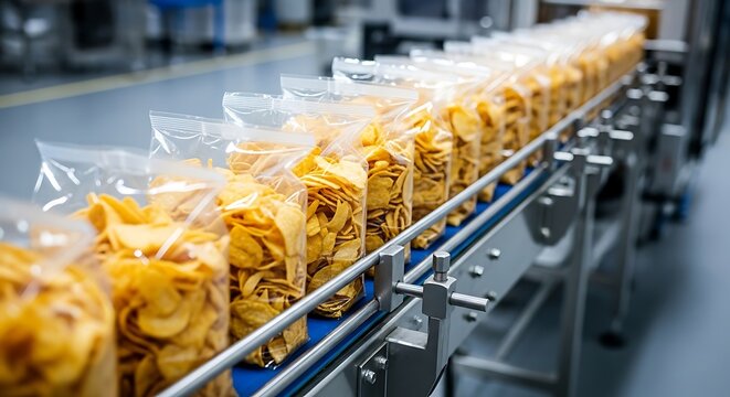 Potato chips packaging on automated industrial conveyor belt