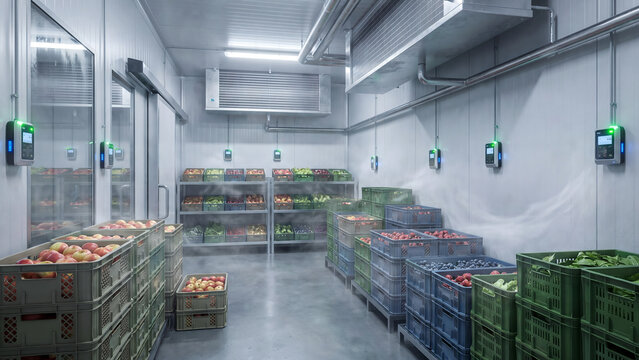 A walk-in refrigerator or cold storage room filled with crates of fresh produce and shelves stocked with various fruits and vegetables in a commercial kitchen or food storage facility