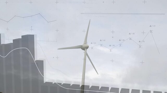 Turbine blades spinning as wind gust lifting hub, view shifting, curve tracing data trends