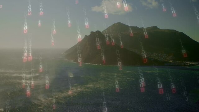 Camera framing island and spray sparking glyphs descending, creating dense data overlay over sea