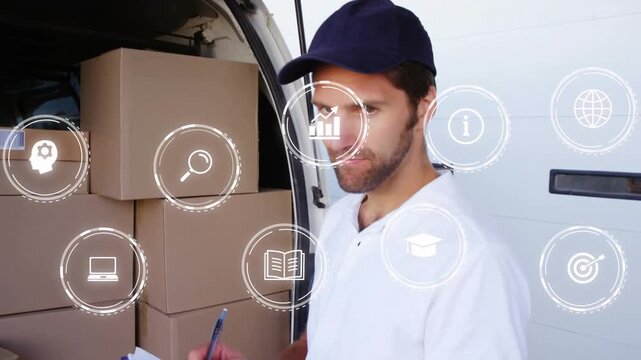 Driver arriving at open van, checking boxes, writing clip and verifying shipment with digital icons