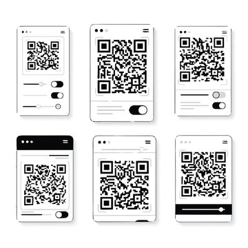 Six smartphone screens displaying qr code scanning interfaces