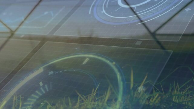 Camera tracking upward revealing HUD overlaying grass and solar panels, visualizing energy data