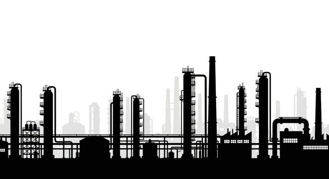 Industrial silhouette of a refinery with distillation towers and storage tanks, representing the energy sector and petrochemical production