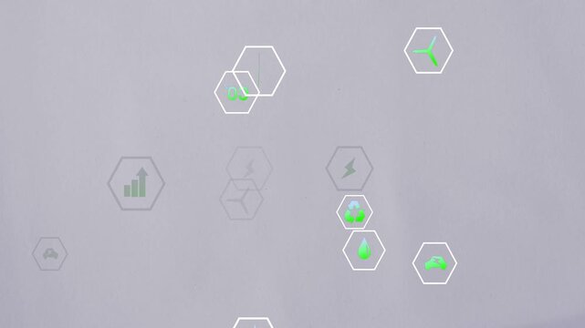 Loop starting, hex icons floating, flashing, fading, nesting, rotating, showing renewable energy