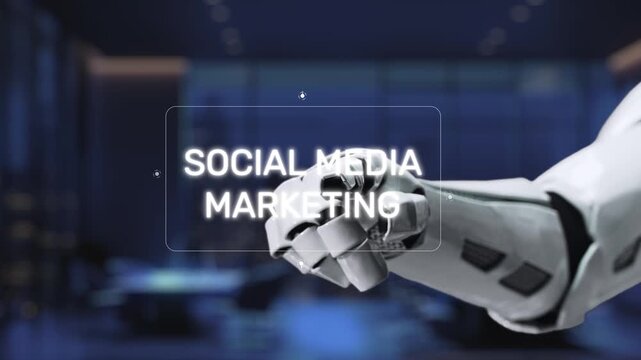 A futuristic representation of social media marketing, showcasing a robotic hand interacting with digital icons that symbolize various communication and engagement tools. Synapse