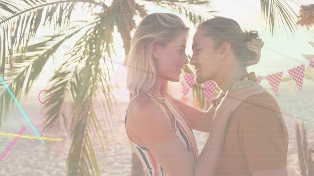 Couple touching heads on beach sunset, sun flaring and animating colored waves over them for ads
