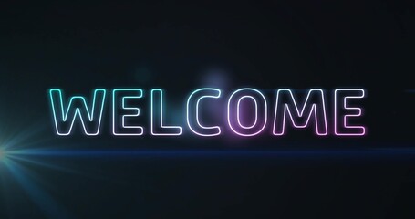Fototapeta premium Glowing neon uppercase WELCOME text filling center in dark studio with blue streak and flare