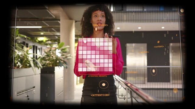 Woman walking atrium, raising phone and recording business update, HUD overlay appearing over torso