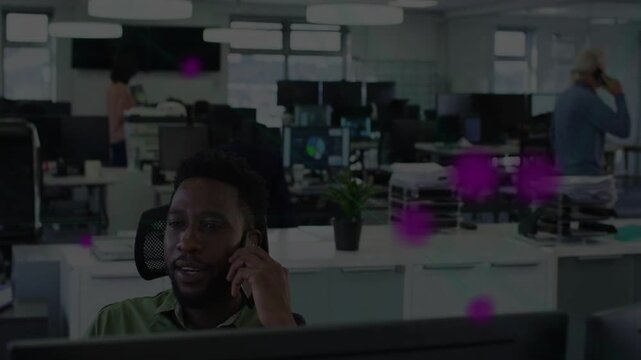 Office worker answering smartphone call coordinating while purple dots drifting clustering right